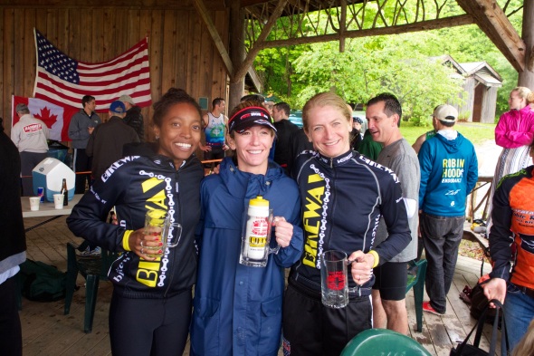 Carly (center), Erica (right) and I after the race with our awesome mug trophies.